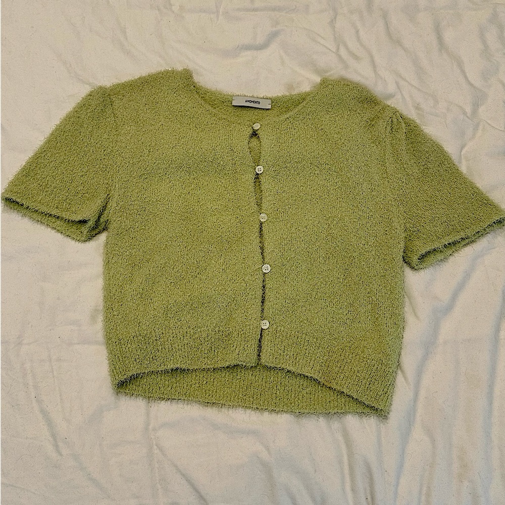 AMOMENTO Green Nylon Short Sleeve Cardigan